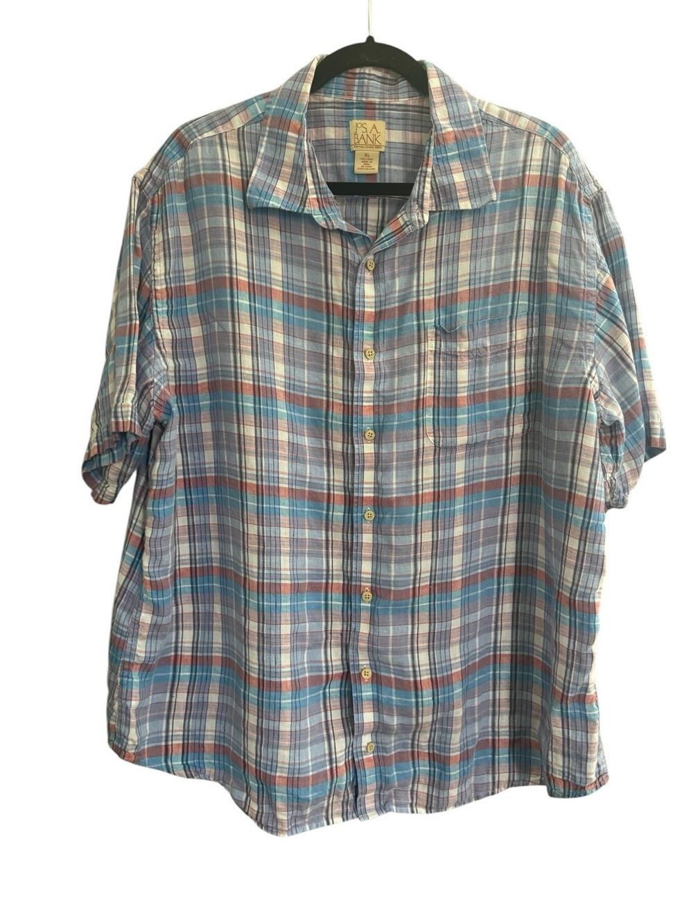 Jos A Banks Mens Size XL Linen Blue Plaid Short Sleeve Shirt Button Front #4884